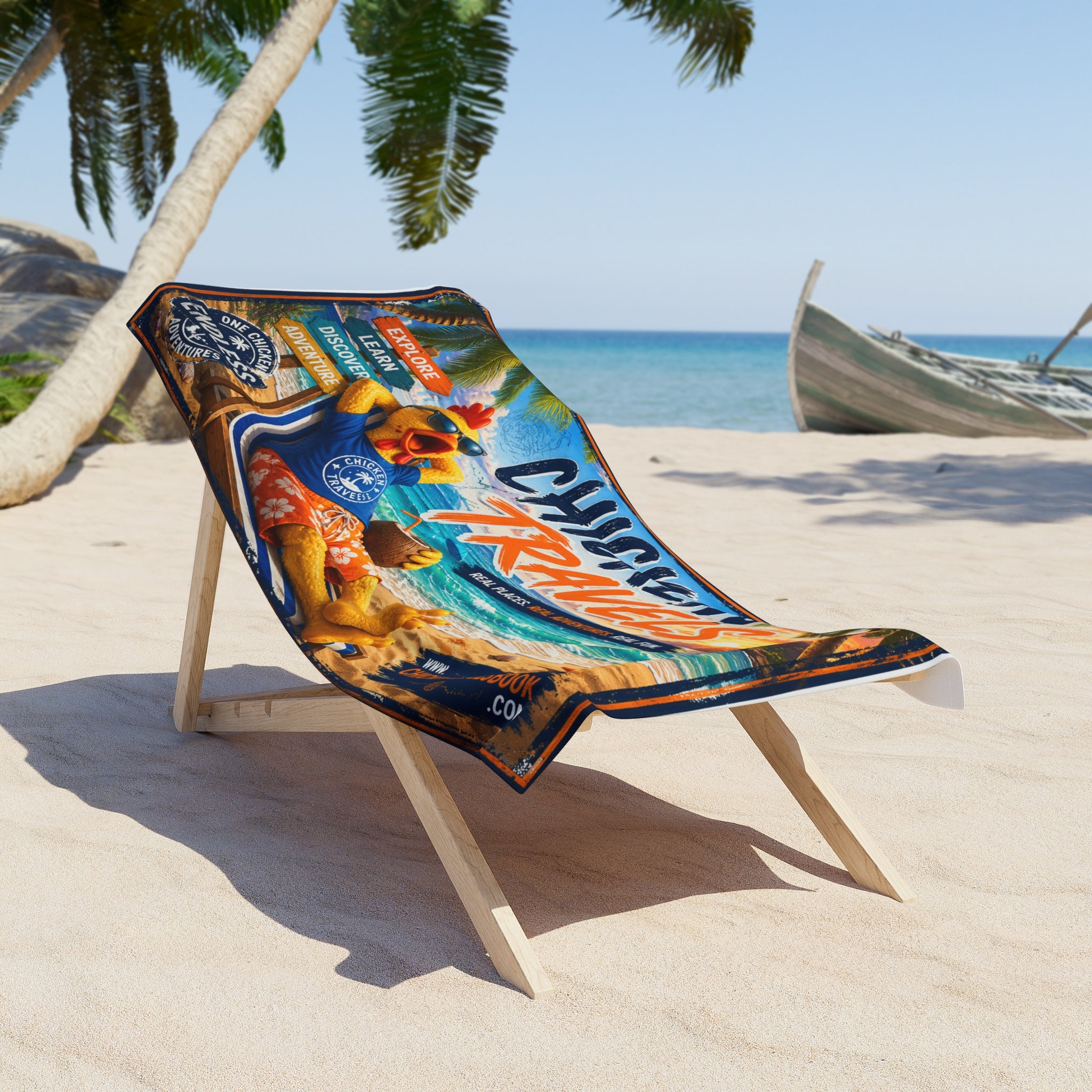 Chicken Travels Beach Towel — Tropical Vacation Cartoon Chicken Design