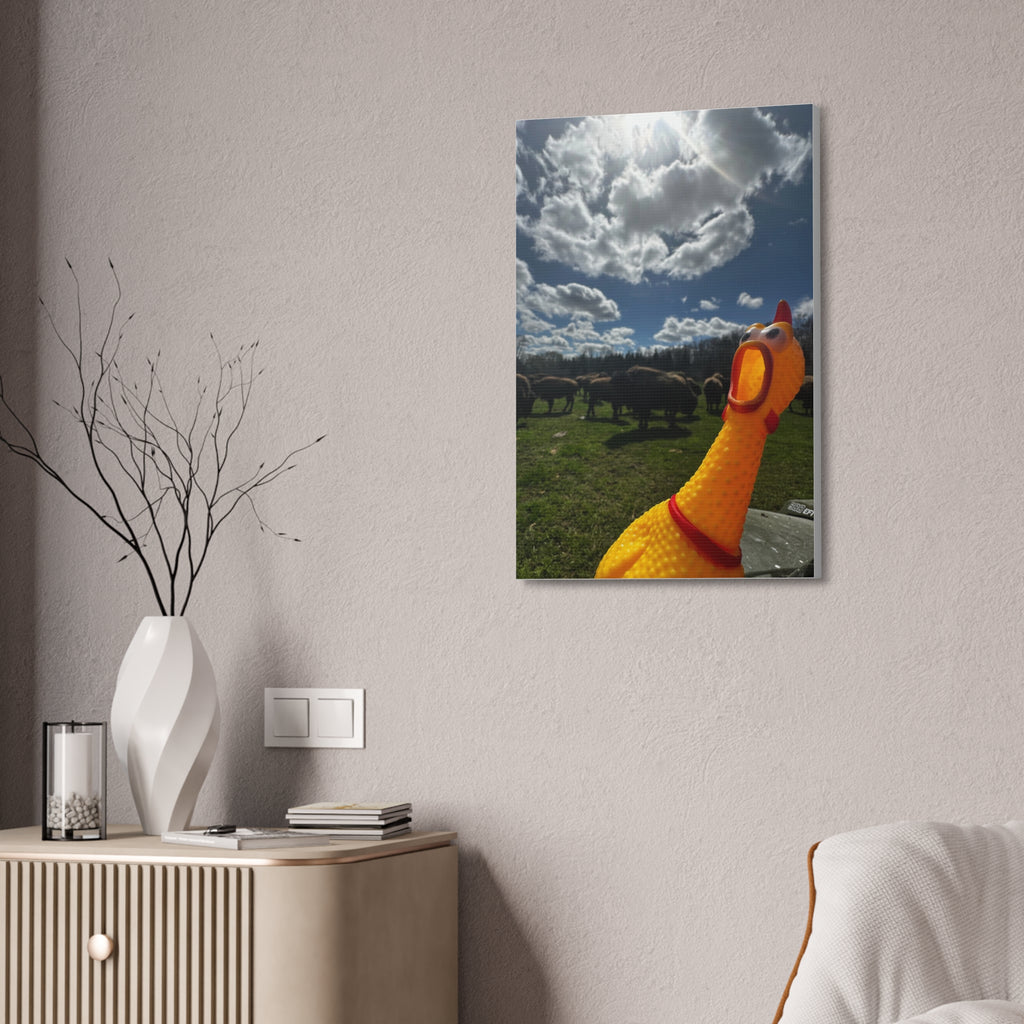 Silly Rubber Chicken Canvas Print – Farm Scene Stretched Wall Art