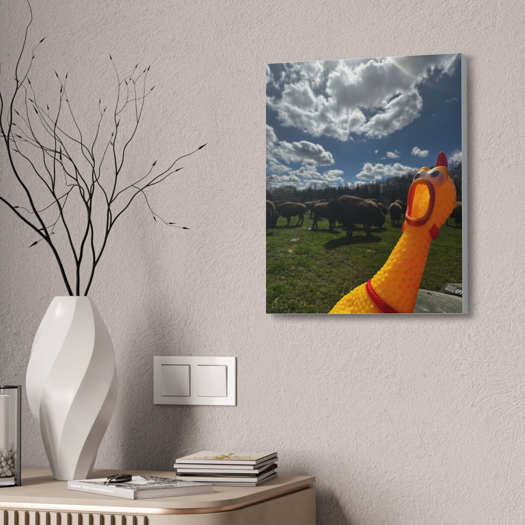 Silly Rubber Chicken Canvas Print – Farm Scene Stretched Wall Art