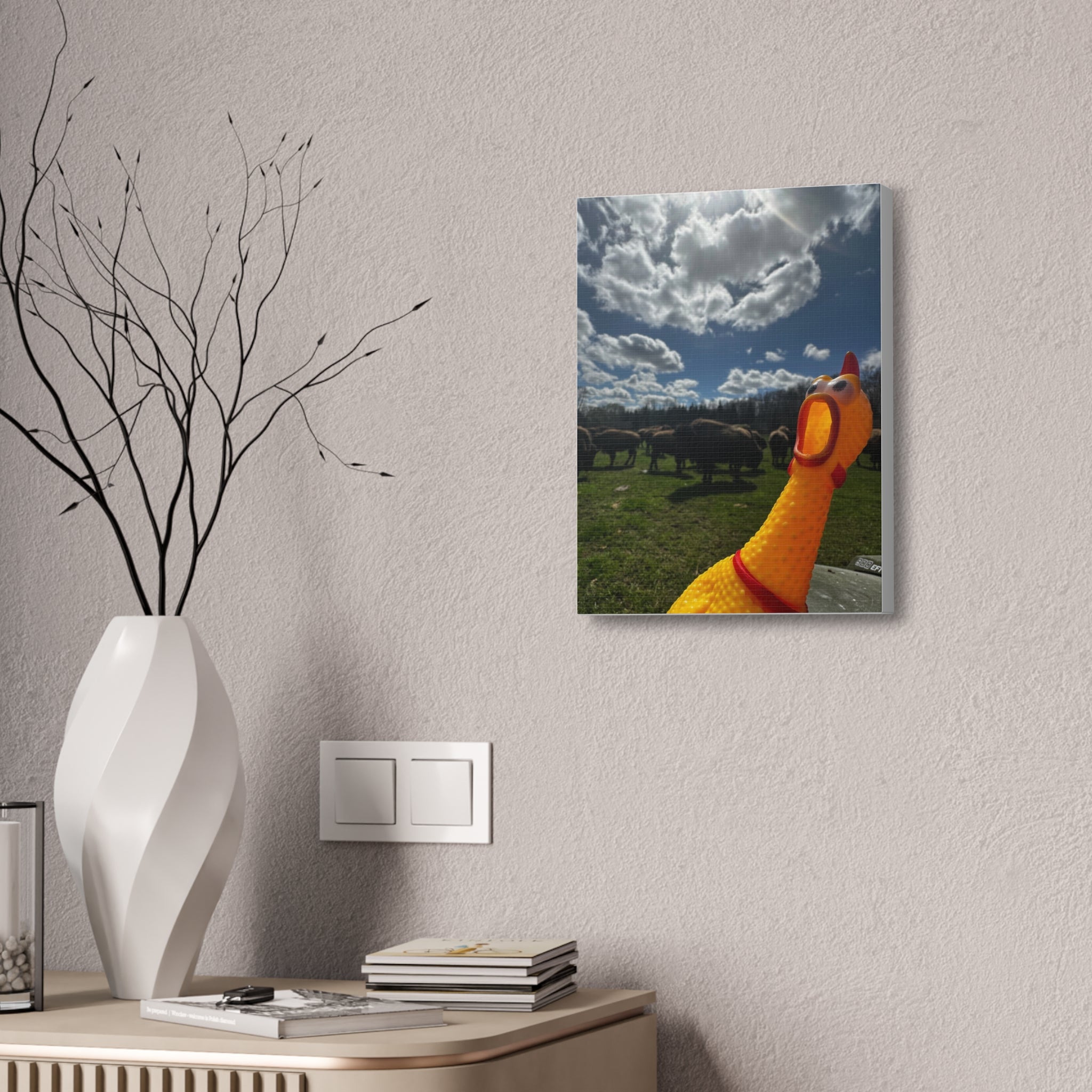 Silly Rubber Chicken Canvas Print – Farm Scene Stretched Wall Art