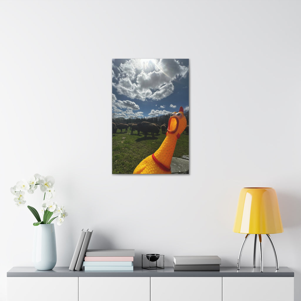 Silly Rubber Chicken Canvas Print – Farm Scene Stretched Wall Art