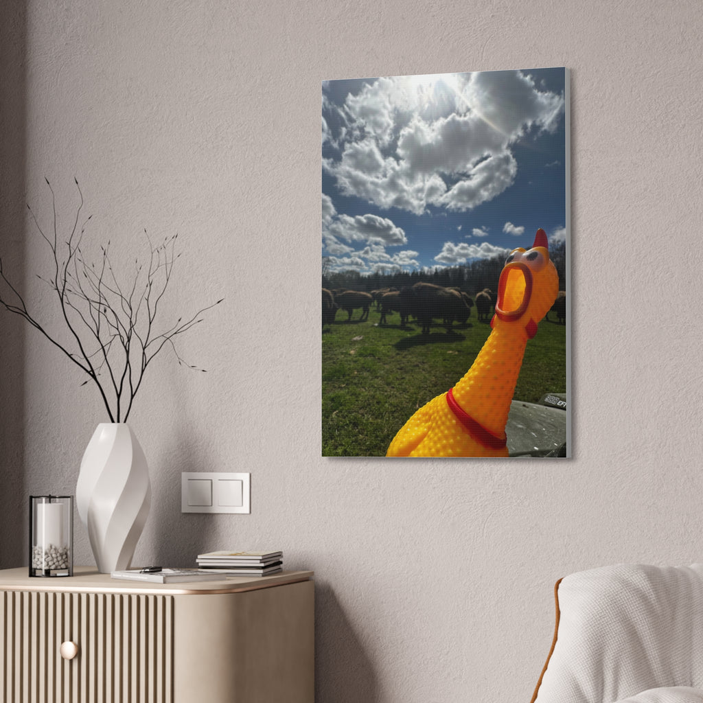 Silly Rubber Chicken Canvas Print – Farm Scene Stretched Wall Art