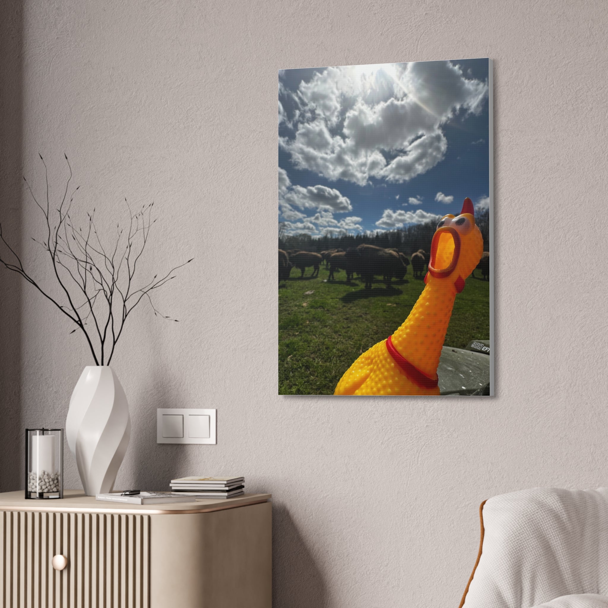 Silly Rubber Chicken Canvas Print – Farm Scene Stretched Wall Art