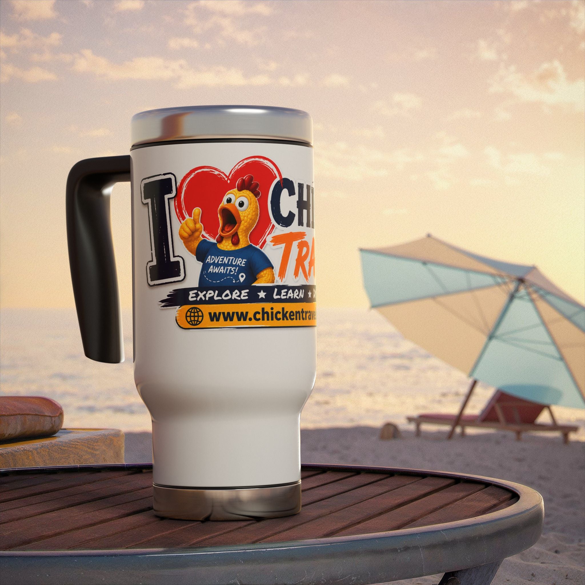 Chicken Travels 14oz Stainless Steel Travel Mug with Handle — I  Chicken Travels Design