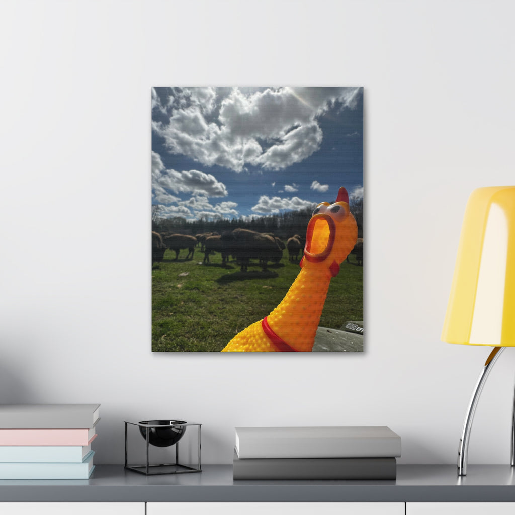 Silly Rubber Chicken Canvas Print – Farm Scene Stretched Wall Art