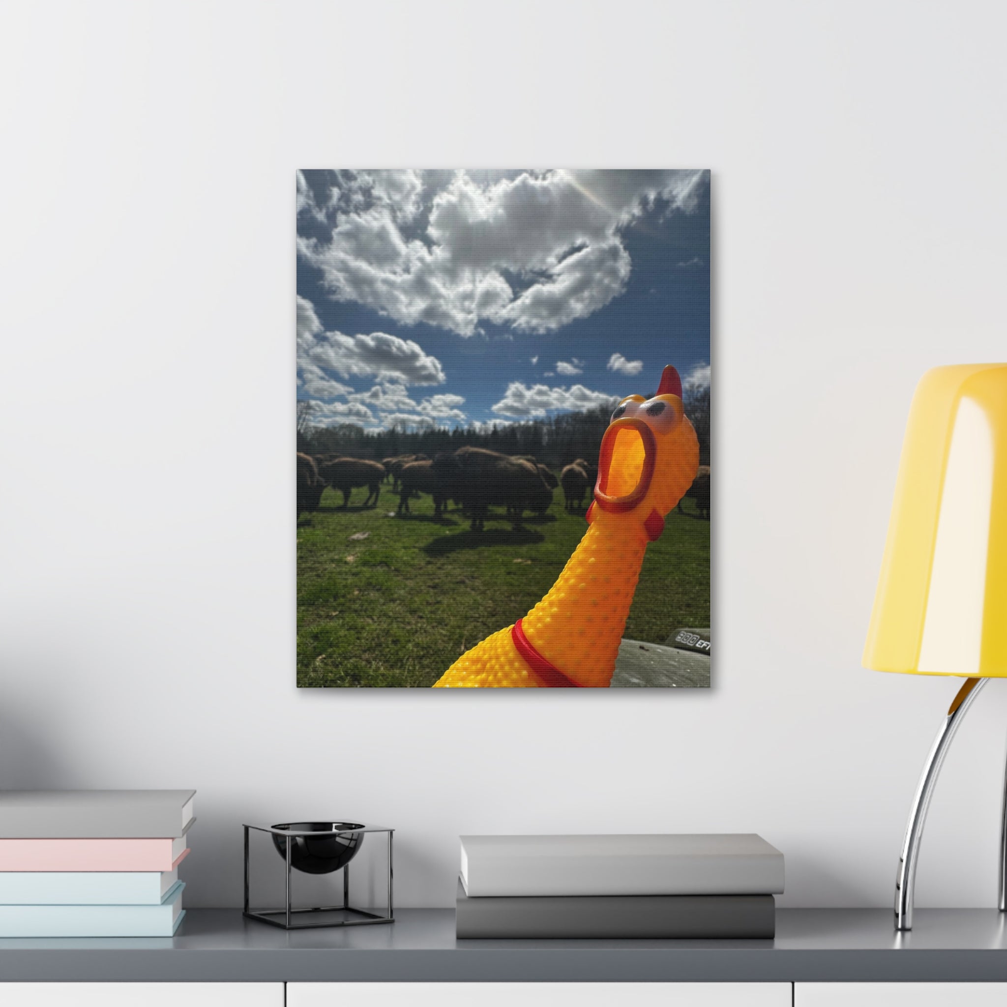 Silly Rubber Chicken Canvas Print – Farm Scene Stretched Wall Art