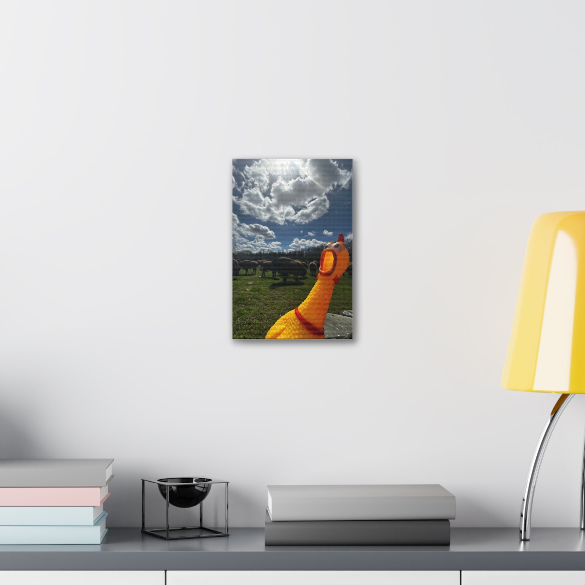 Silly Rubber Chicken Canvas Print – Farm Scene Stretched Wall Art