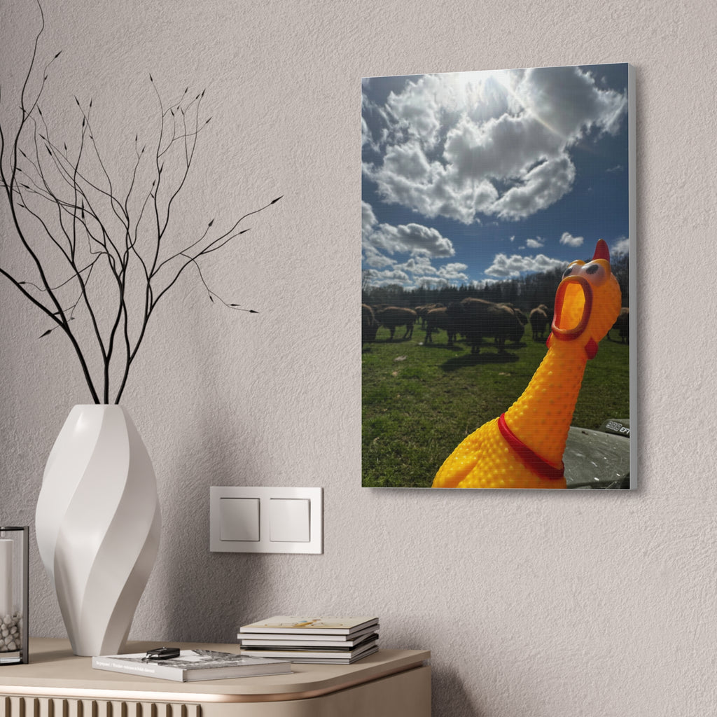 Silly Rubber Chicken Canvas Print – Farm Scene Stretched Wall Art
