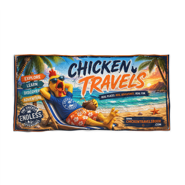 Chicken Travels Beach Towel — Tropical Vacation Cartoon Chicken Design