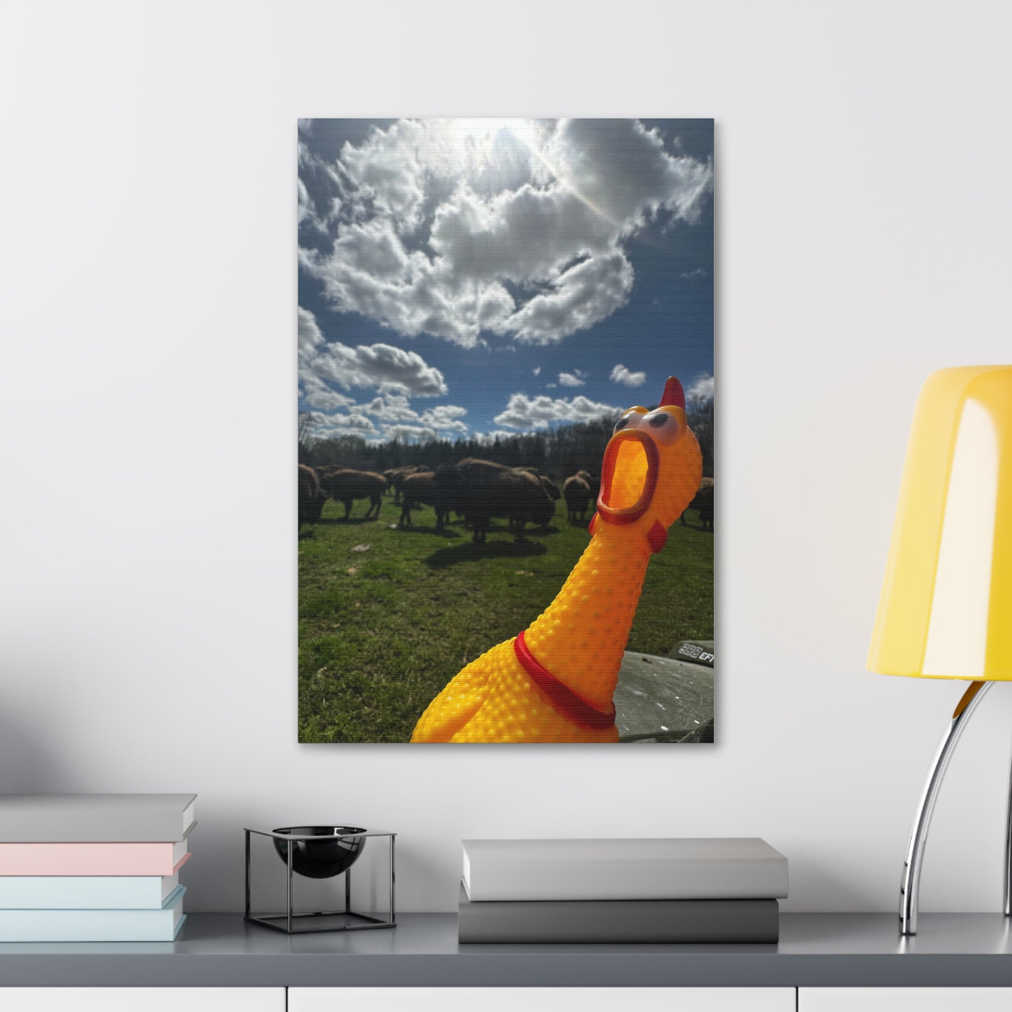 Silly Rubber Chicken Canvas Print – Farm Scene Stretched Wall Art