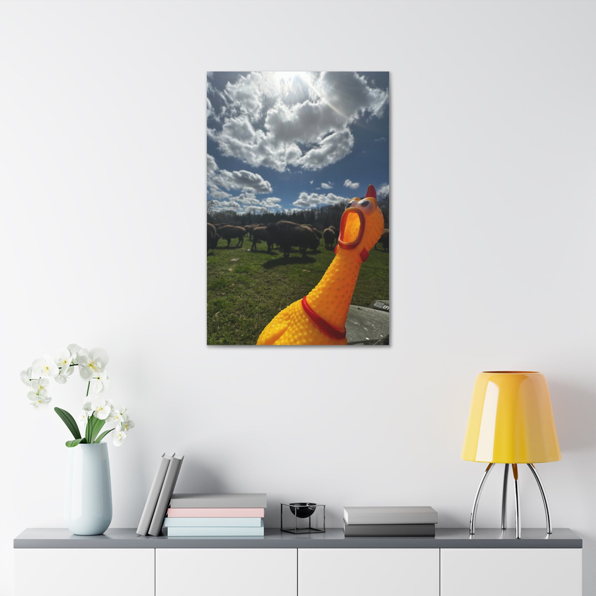 Silly Rubber Chicken Canvas Print – Farm Scene Stretched Wall Art