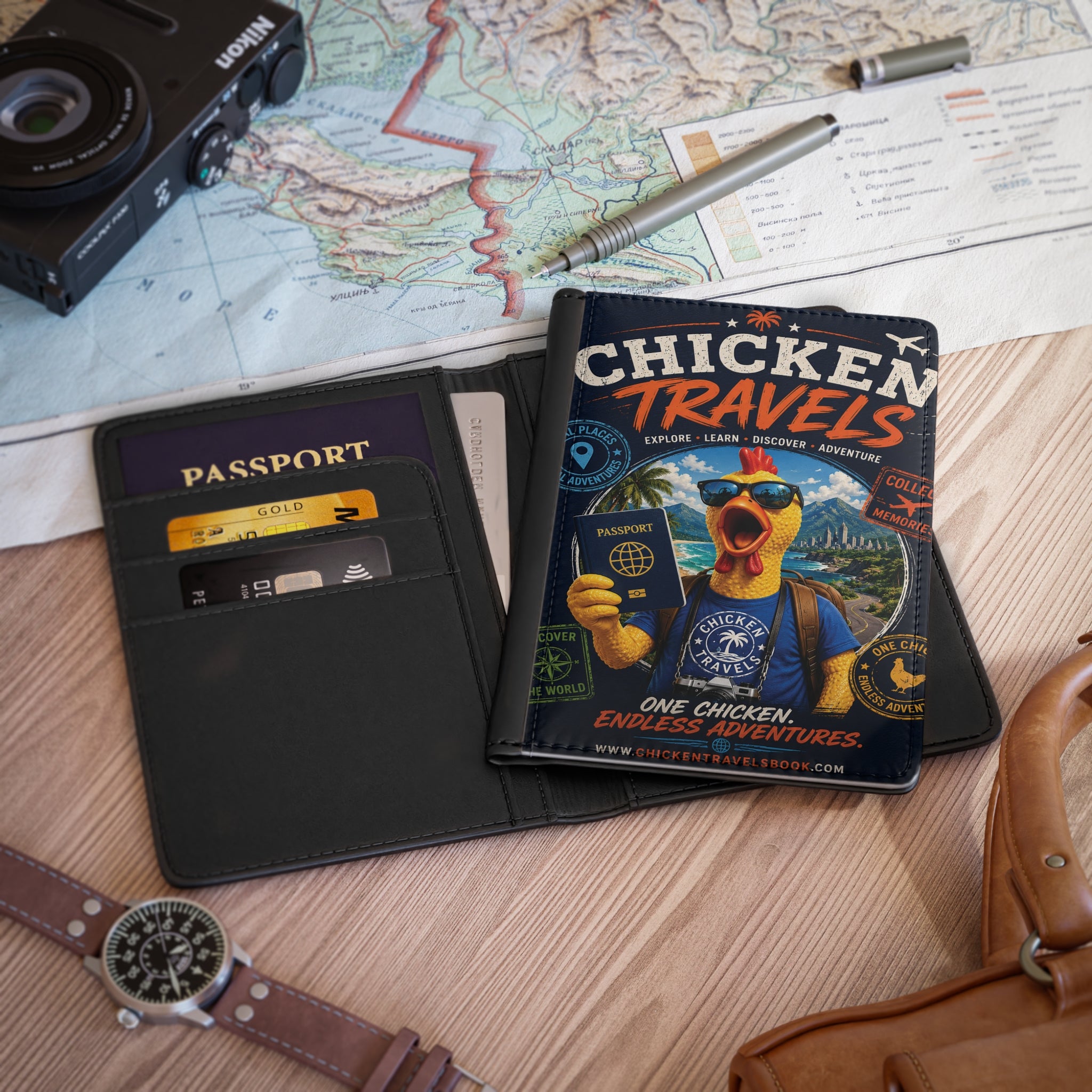 Chicken Travels Passport Cover — Funny Travel Passport Holder with Rooster Graphic