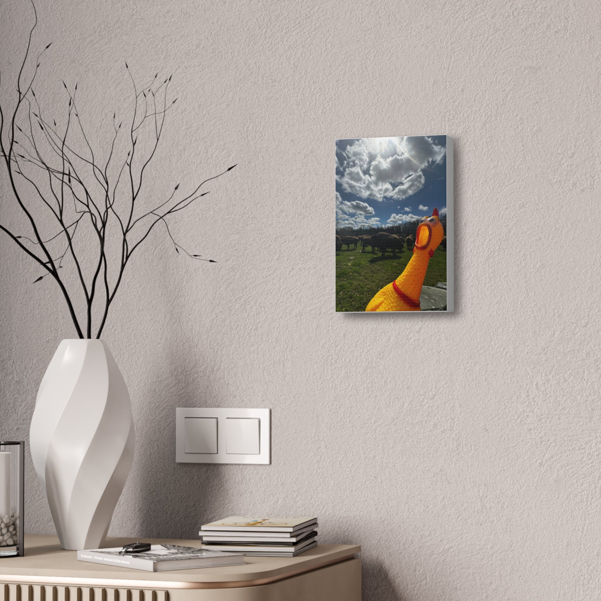 Silly Rubber Chicken Canvas Print – Farm Scene Stretched Wall Art